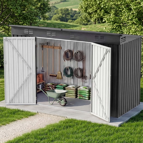 Uforic Large Outdoor Storage Shed, 9x4ft Heavy Duty Metal Tool Shed with Lockable Doors and Air Vents, for Bikes Tools Lawnmowers Backyard Patio Lawn, Black