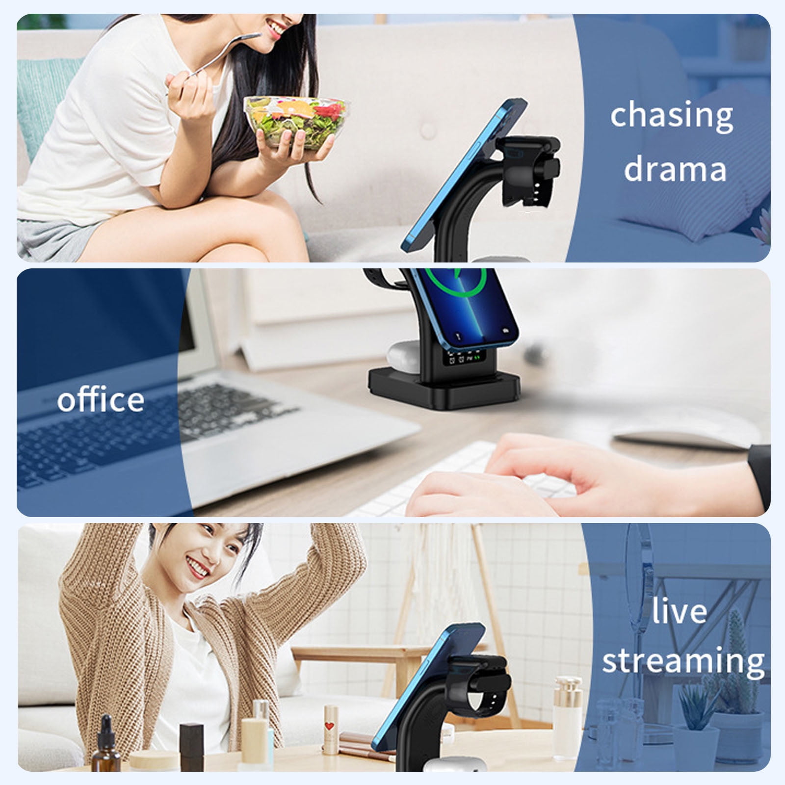Mgaxud Multifunctional Wireless Charger Stand with LED Alarm Clock - 3 in 1 Charger for Phone, Watch, and Headset, Compatible with Most Smartphones