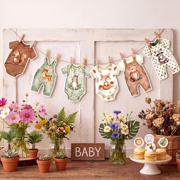 BESTSKY Woodland Animal Baby Shower Banner Gender Neutral Decorations Sage Green Paper Bodysuit Clothesline Garland Outfit Set with Clips Hemp Rope for Gender Reveal Rustic Birthday Party Decoration