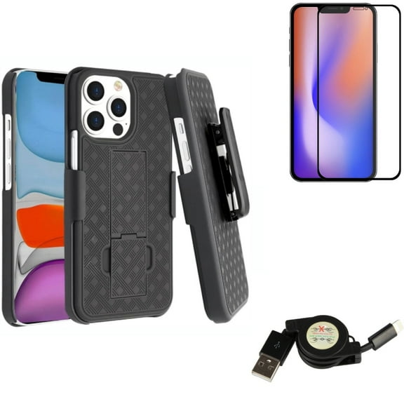 Screen Protector & Case Belt Clip & USB Cable for iPhone 13 Pro ONLY - Anti-Glare Tempered Glass Matte   Holster Swivel Cover   Retractable Charger Power Combo