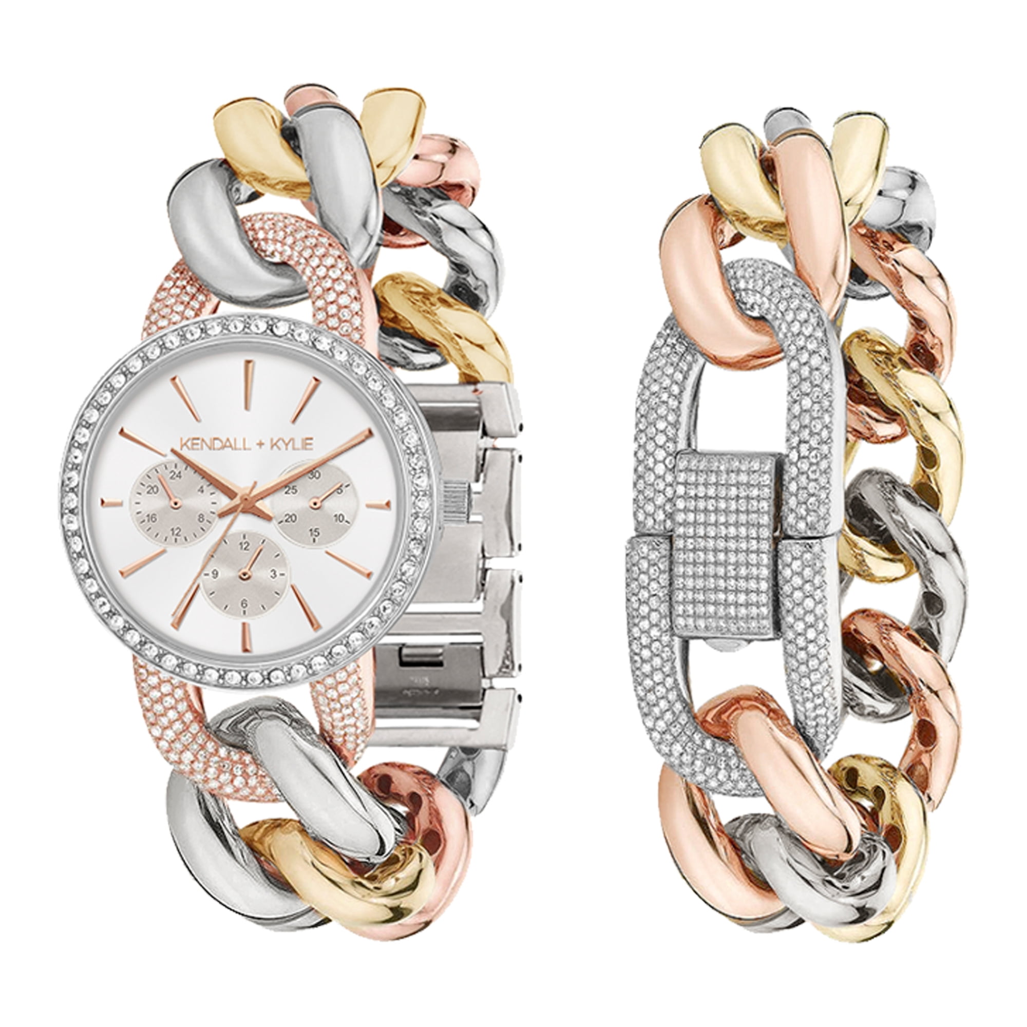 Kendall + Kylie Women's Quartz Multi Tone Round Crystal Bezel and Link Metal Strap Watch