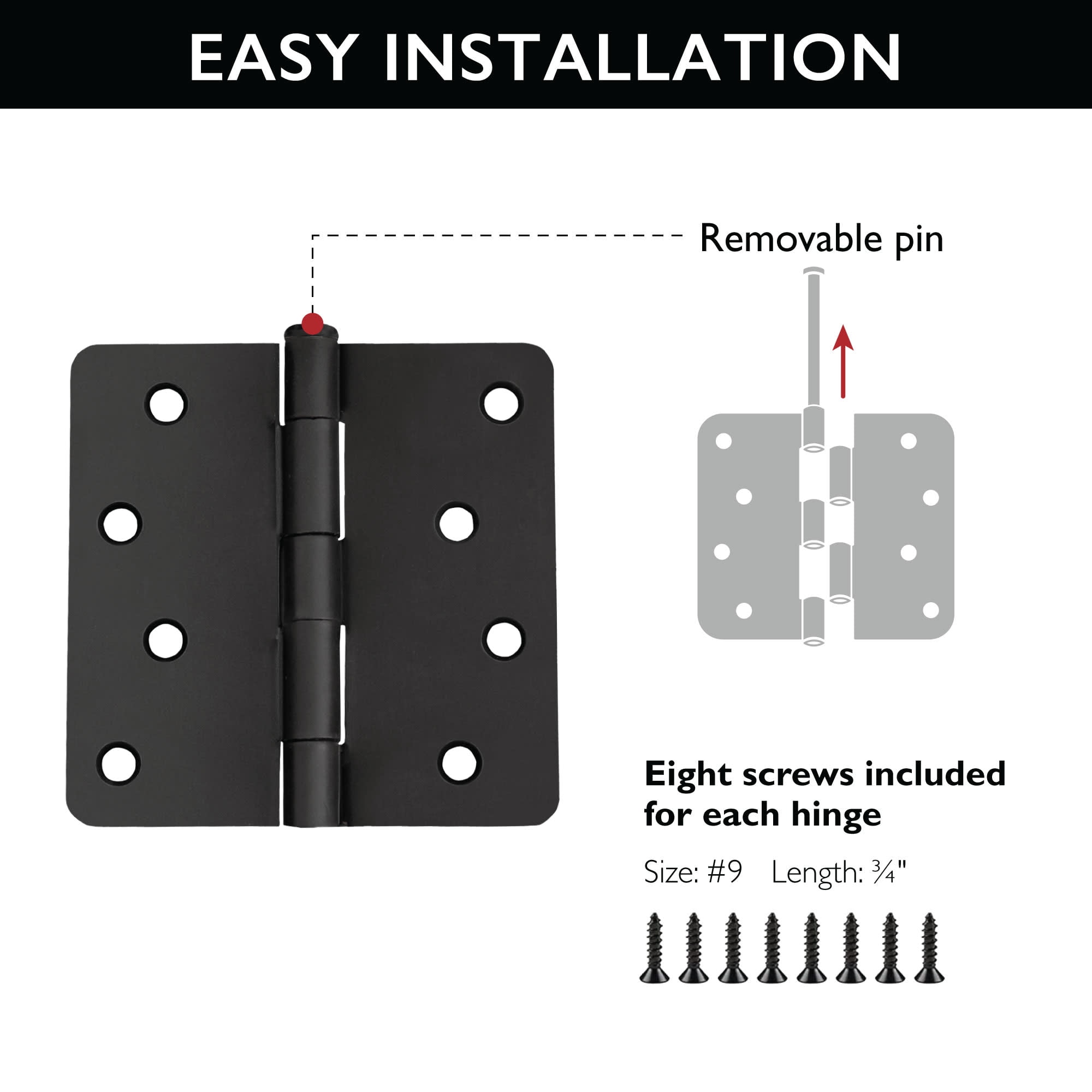Design House 3-Pack 4" H x .25" Radius Butterfly Interior/Exterior Door Hinges, Matte Black