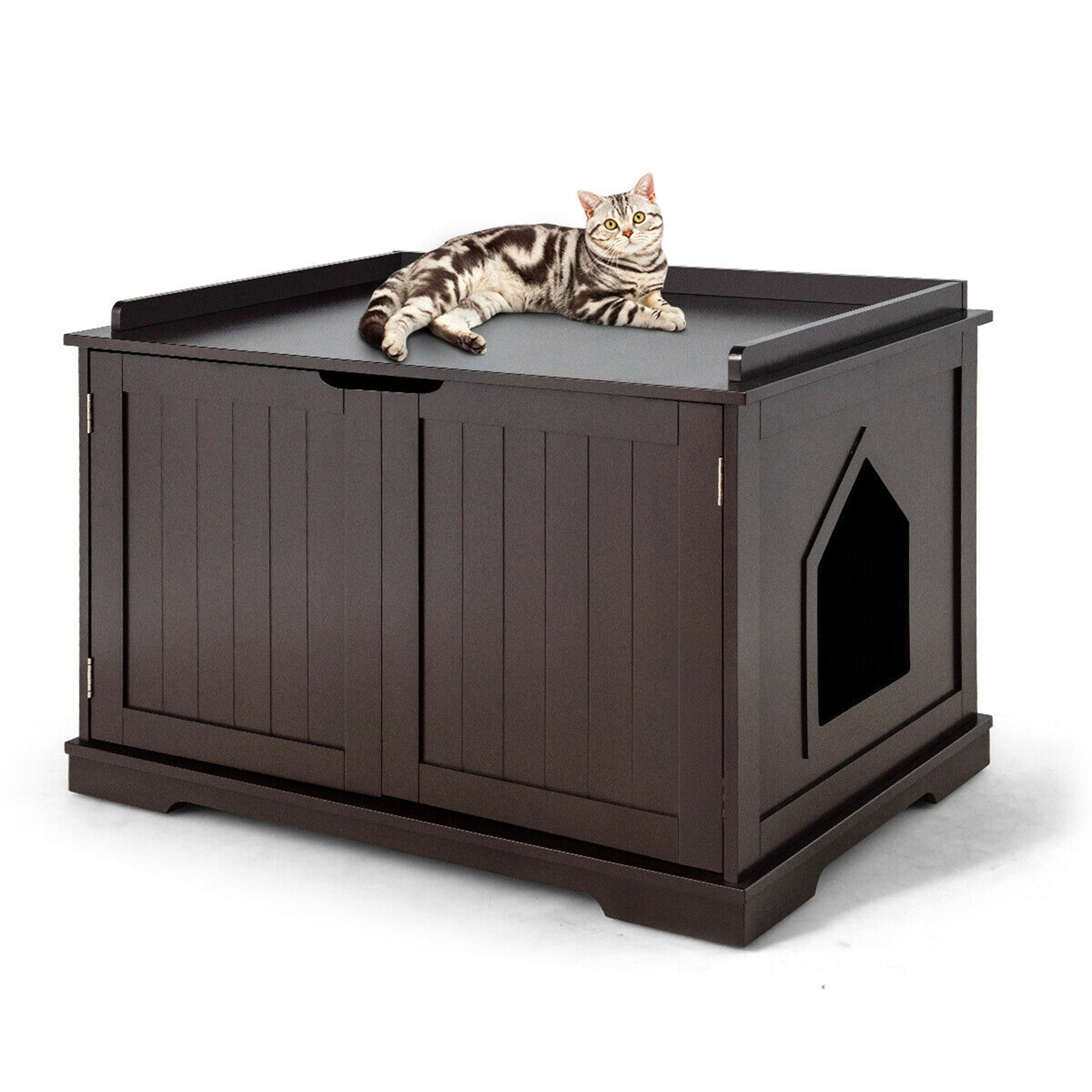 Gymax Cat Litter Box Wooden Enclosure Pet House Sidetable Washroom