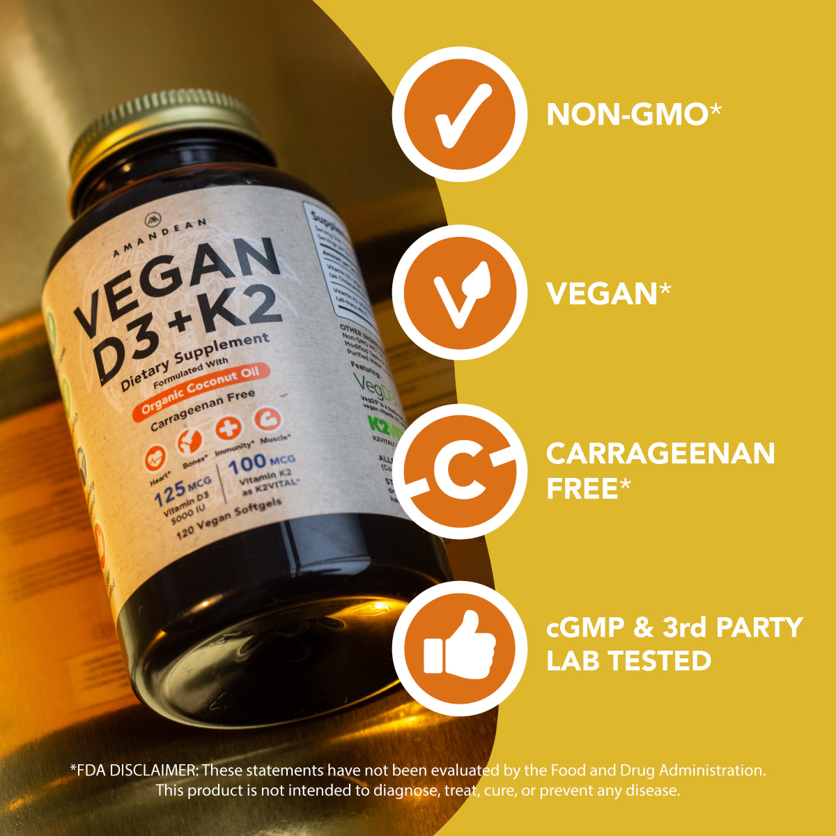 Amandean Vegan D3 K2. Vitamin D3 5000 iu from Algae. All-Trans MK-7 K2. 120 Softgels. Plant-Based & Carrageenan Free. Organic Coconut Oil Blend. Vit D + K for Mood, Bones, Heart, Immune Health.