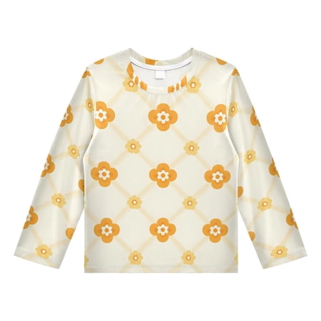 Orange Floral Pattern Boys Rash Guard Shirts UPF 50 Plus Sun Protection Short Sleeve Swim Tees 11-12T