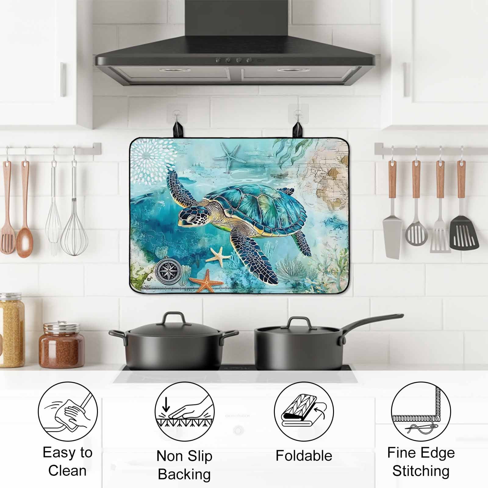 Turquoise Turtle Stove Top Cover for Electric Stove, Heat-proof & Non Slip Glass Top Stove Cover Protector, Farmhouse Coastal Starfish Seaweeds Kitchen Flat Cooktop Rubber Mat 24x21 Inches