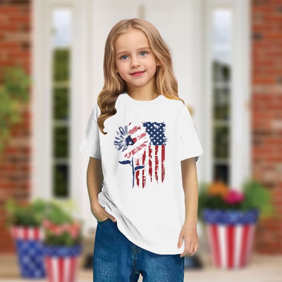 Kids American Flag Shirts Fashion Independence Day Patriotic T-Shirt Boys Girls Cute Round Neck Short Sleeve Cotton Tees White 7-8 Years