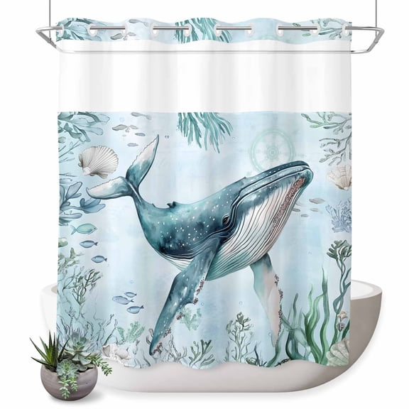 No Hook Shower Curtain with Built-in Rings - Summer Ocean Washable Waterproof Fabric Bathroom Curtains for Hotel,Rentals, 72 X 72 Inch Long , Coastal Whale Coral Shell Turquoise Green