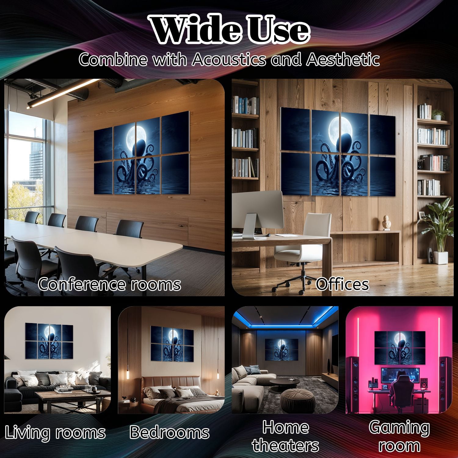Gothic 8 Pack Art Acoustic Panels Sound Absorbing Giant Octopus Emerging Ocean Full Moon Night Sky Decorative Soundproof Wall Panels Self Adhesive for Nursery Game Room Bedroom 48"x32"
