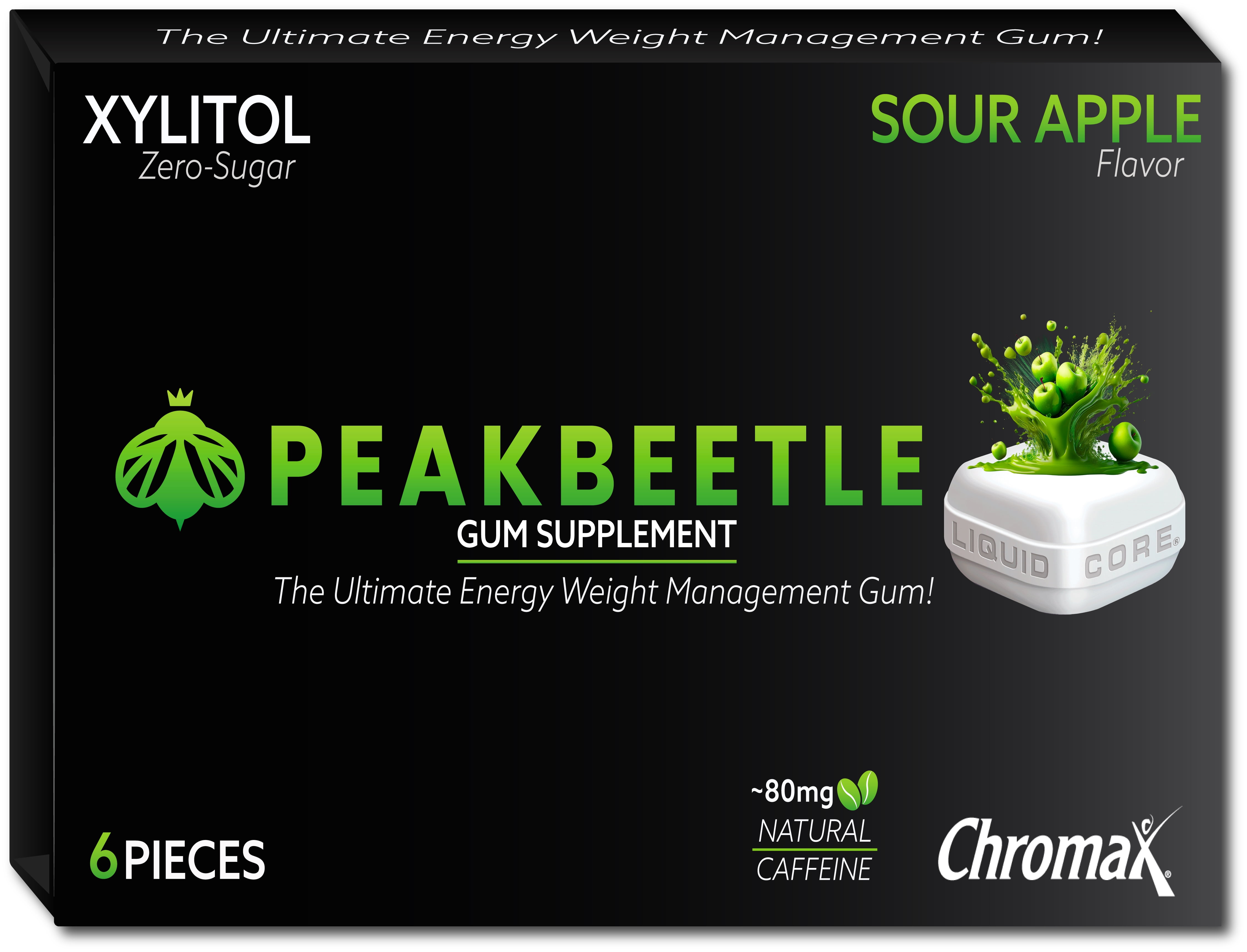 Peakbeetle Energy Gum, 80mg Caffeine per Piece, Chromax, Sugar-Free – 5 Packs 6 Pieces Each