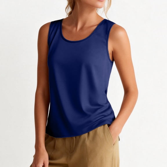 Silk Satin Tank Tops for Women Scoop Neck Sleeveless Camisole Tops 2026 Summer Basic Blouses Blue XL