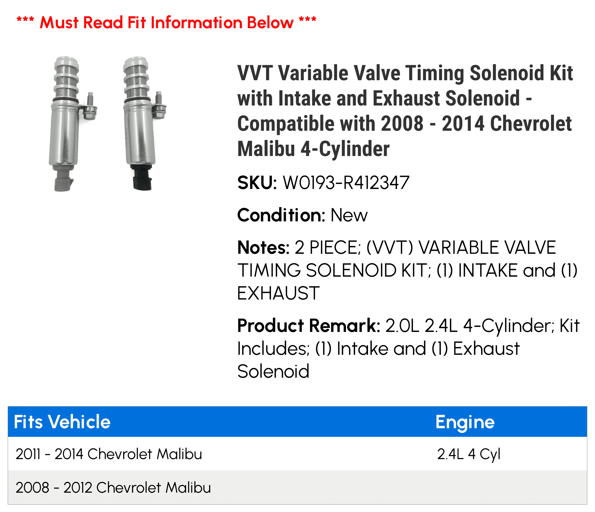 VVT Variable Valve Timing Solenoid Kit with Intake and Exhaust Solenoid - Compatible with 2008 - 2014 Chevy Malibu 4-Cylinder 2009 2010 2011 2012 2013