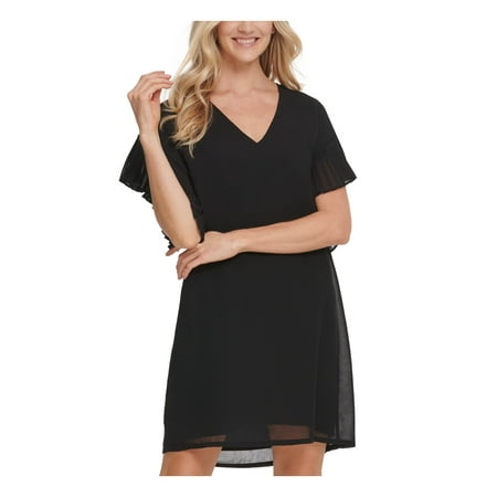 DKNY $119 Womens New Black Ruffled V Neck Short Sleeve Shift Dress M B+B
