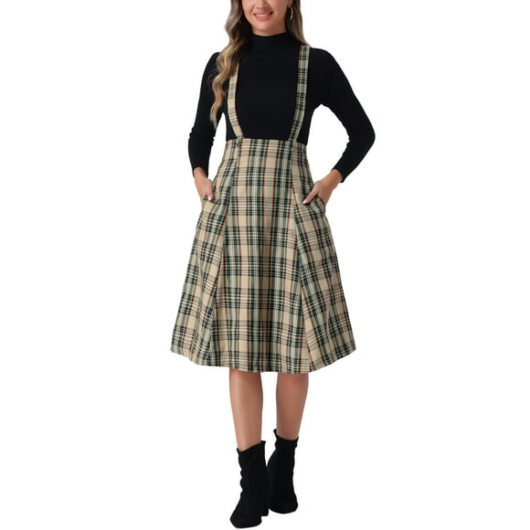 Allegra K Overall Plaid Dress for Women's Christmas Tartan Pinafore Suspender Skirt S Khaki