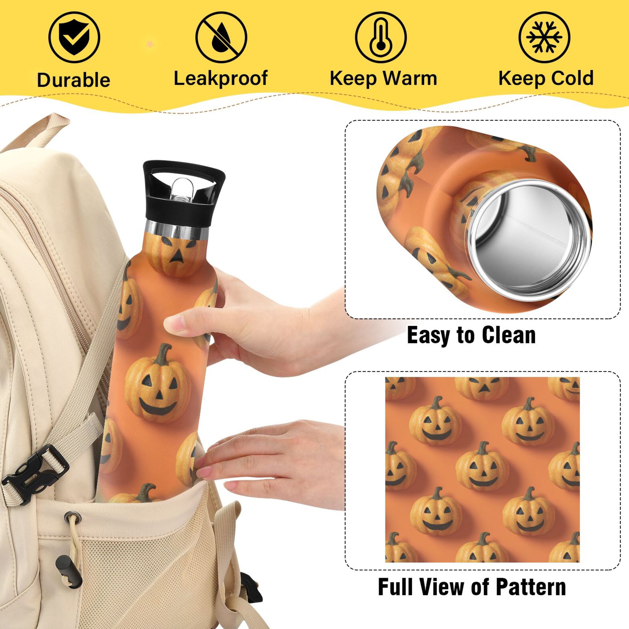 Kids Insulated Stainless Steel Sports Water Bottle 600ml (20oz) 3d Pumpkin