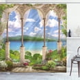 thumbnail image 3 of Cortinas de ducha con paisaje italiano, arco de piedra antiguo, vista al mar, balcón, plantas de jardín, juego de decoración para baño con ganchos, 3 of 3