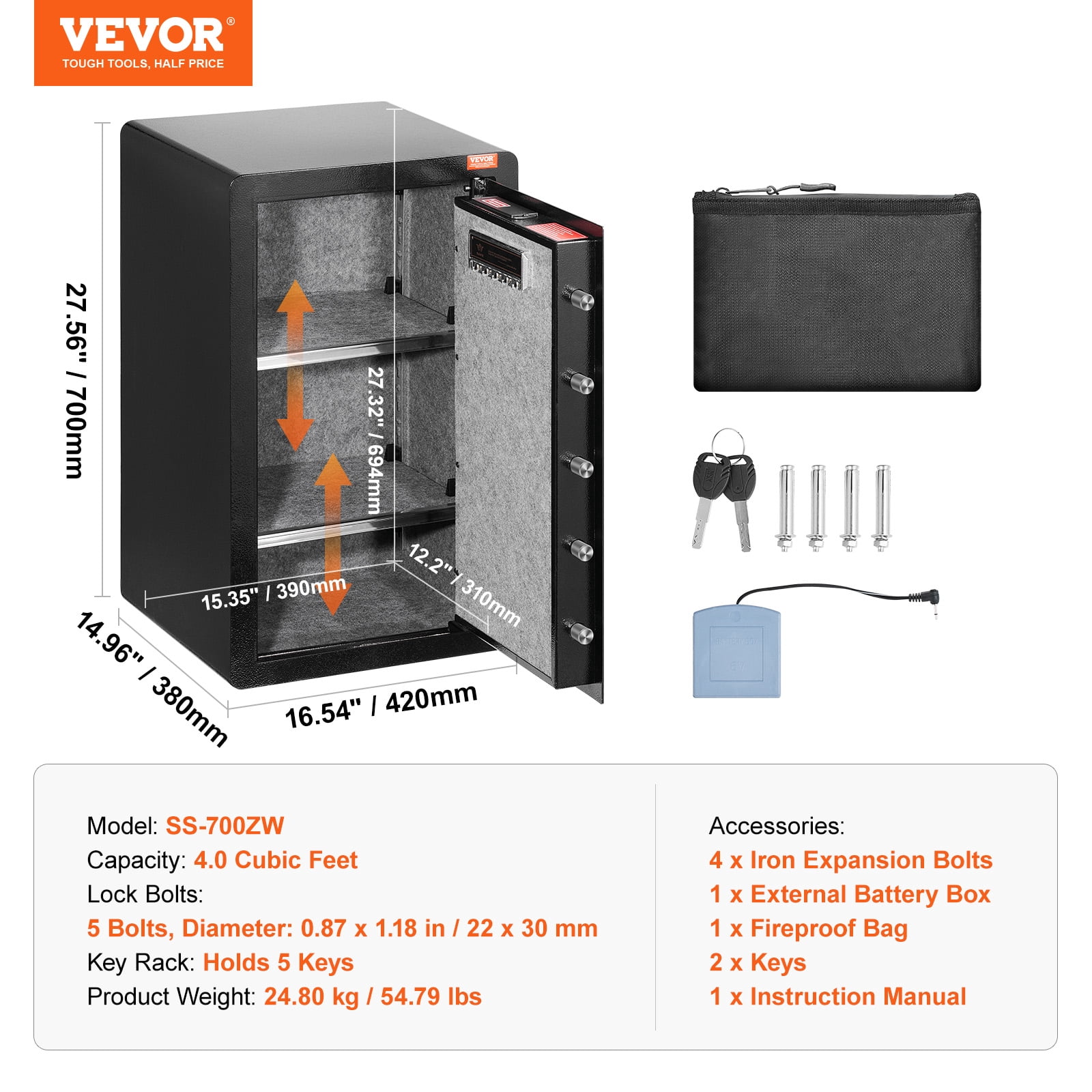VEVOR Single Door 4.0 cu.ft Safe Box with Key Lock, Password & Fingerprint, Safe Lock Box with Fireproof Bag, Key Rack, LED Light, and 2 Shelves for Money, Documents, Jewelry, and Valuables, Black