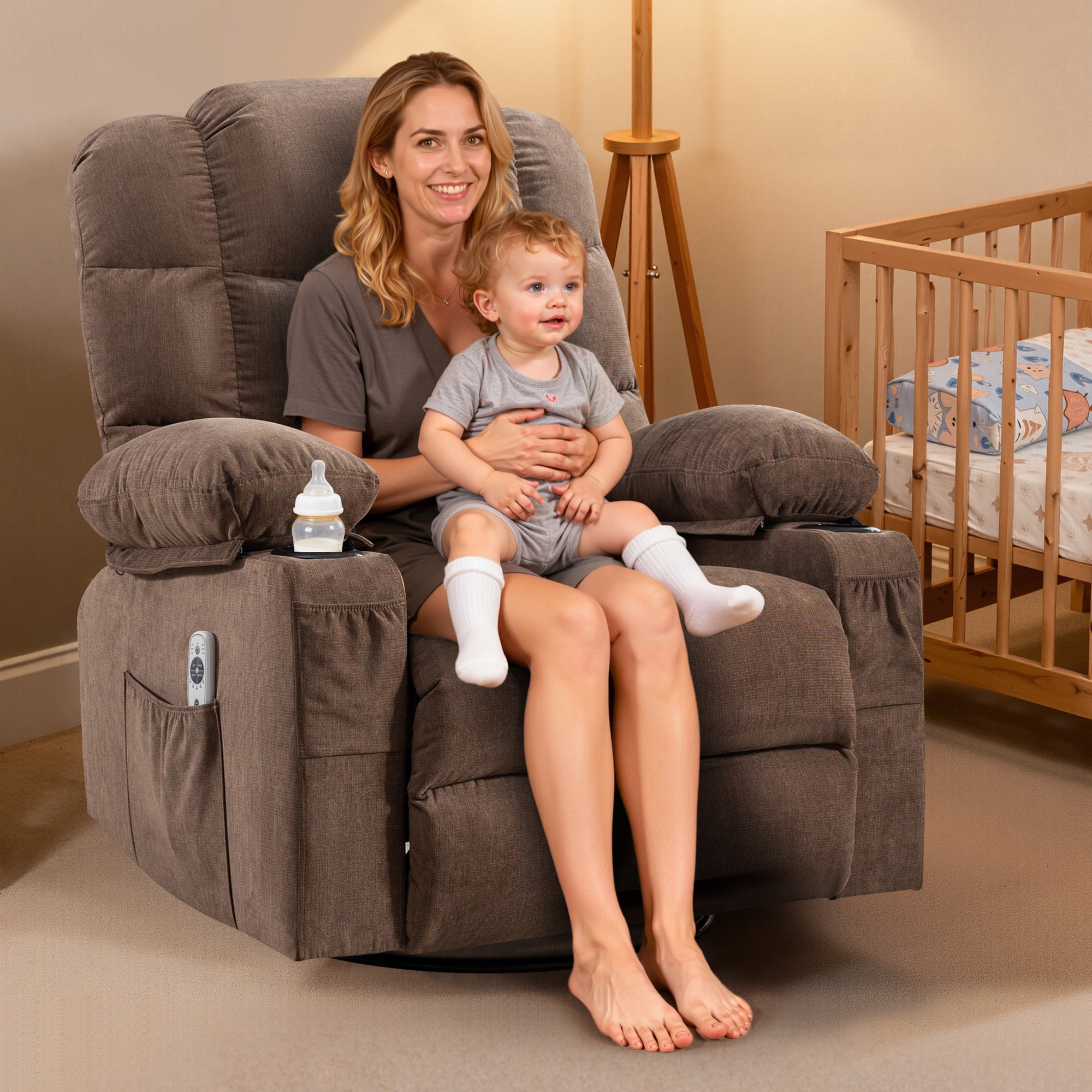 Swivel Rocker Chair, LEGAHOME Manual Glider Rocking Chair for Nursery with Massage and Heat, 22.8in Glider Massage Recliner Chairs for Adults, with Cup Holder and Side Pocket, Brown