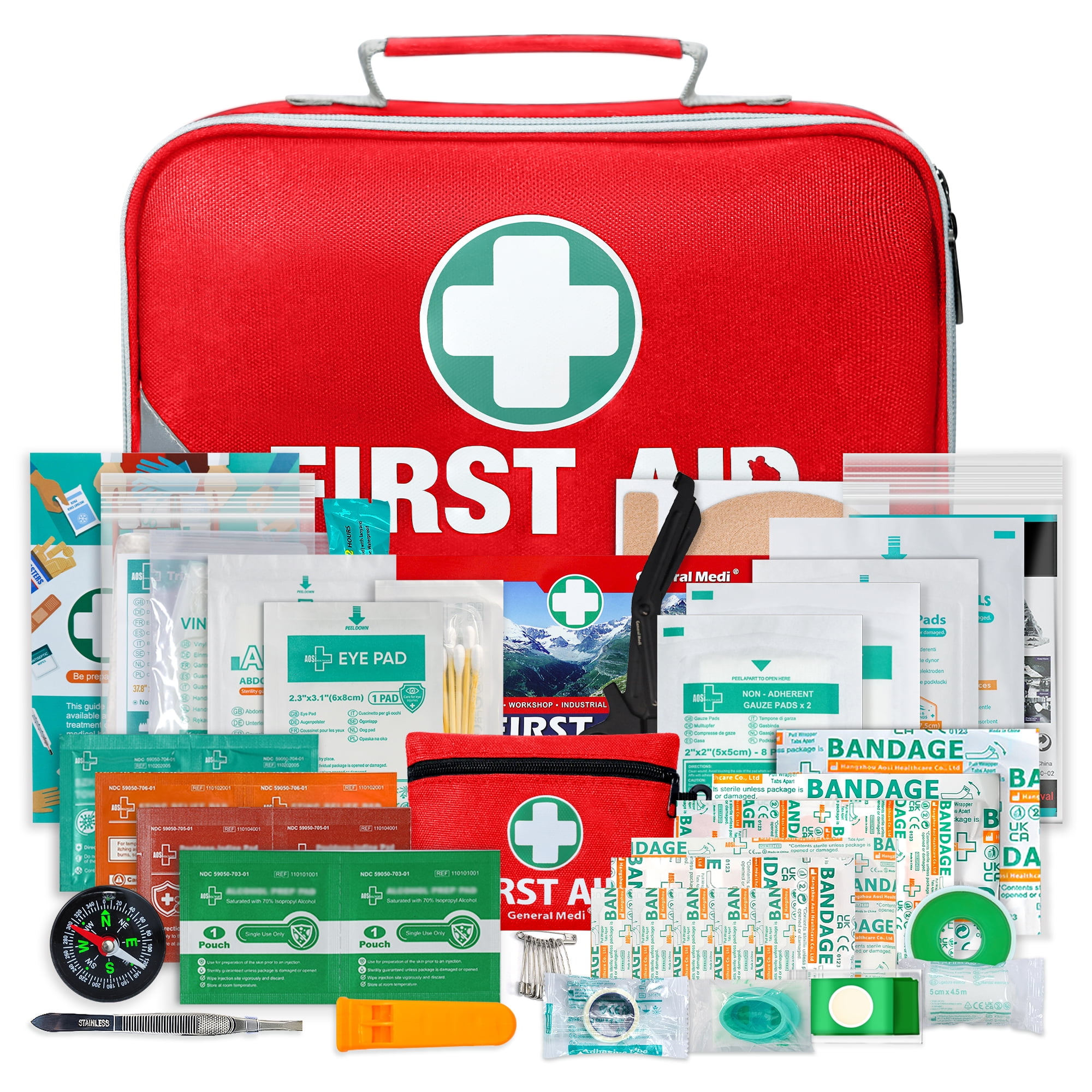 General Medi First Aid Kit, 215-Piece 2-in-1 Kit with Bonus 43-Piece Mini Kit Contains Eyewash Cold Packs Moleskin Pads and Emergency Blanket for General Daily Care