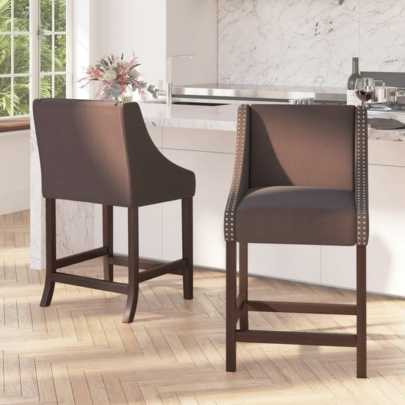 Merrick Lane 24 Inch Walnut Counter Height Stool with Nailhead Trim in Brown Fabric - Set of 2