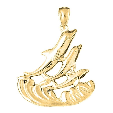 18K Yellow Gold Dolphins Jumping Through Hoop Pendant - 39 mm
