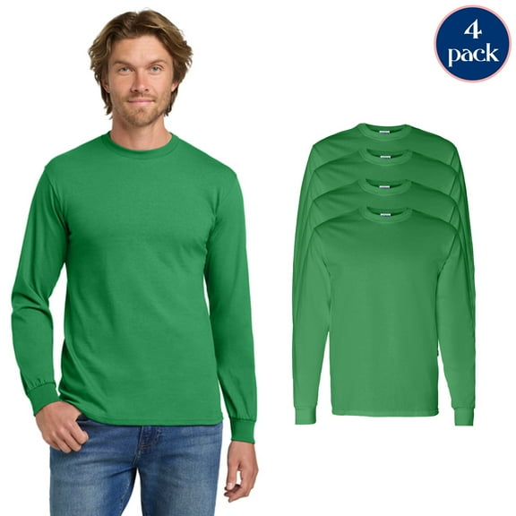 Gildan Men's Heavy Cotton Long Sleeve T-Shirt, Adult Irish Green Crewneck T-Shirt, 4-Pack Tee, M
