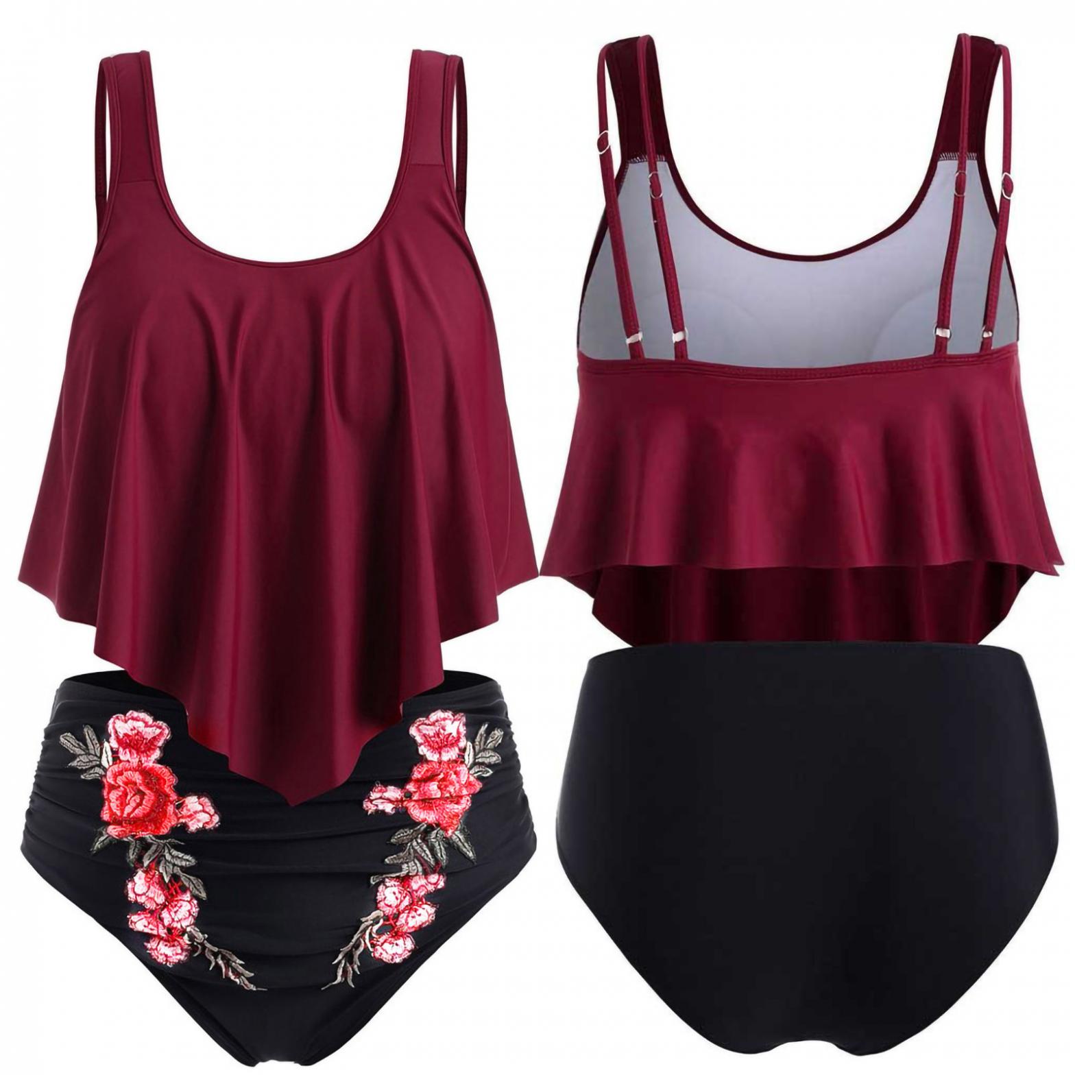 Danhjin Womens High Waisted Swimsuit Ruffled Top Tummy Control Bathing