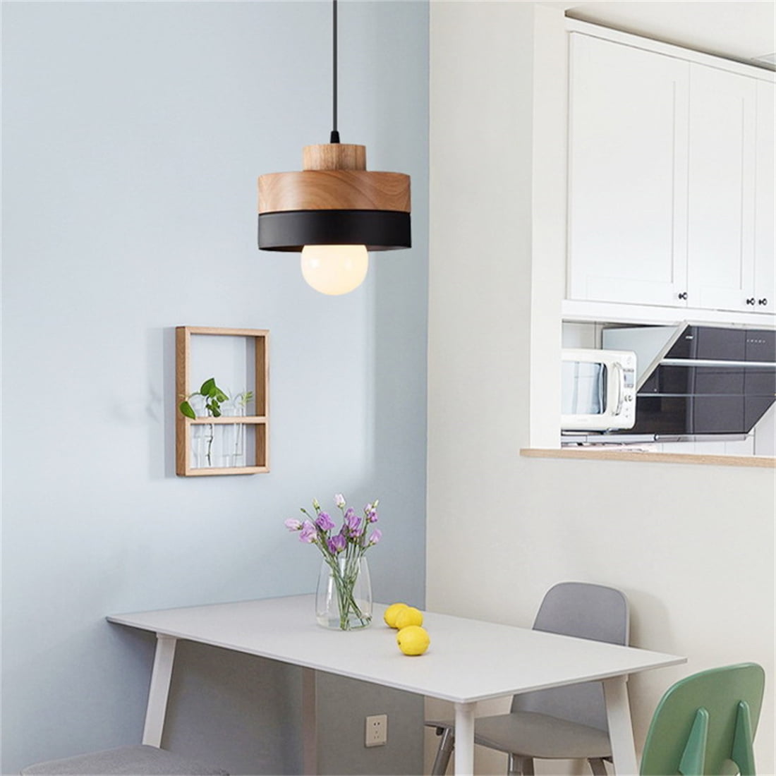 JLOWCO Led Hanging Lights with Plug in Cord,modern Pendant Lights Kitchen Island Lighting Black Hanging Light Fixture Wood (LED Bulb Include)