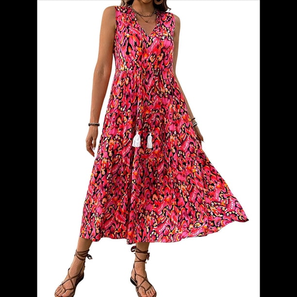 Vestido de Verano para Mujer, Sin Mangas, Bohemio, Floral, con Escote en V, Lazo Frontal, Flecos y Fluido Negro y Rojo L