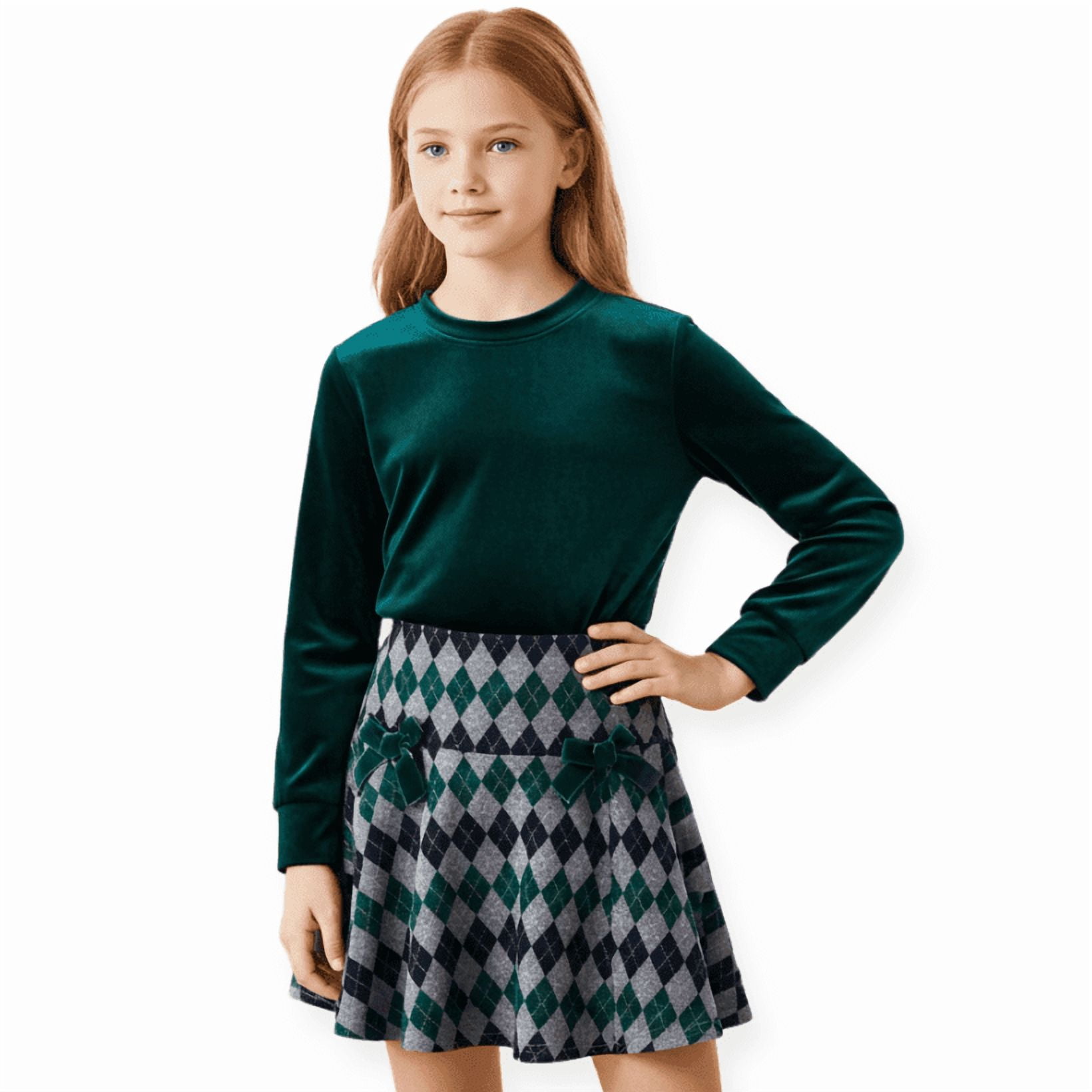 PatPat Girls Clothes Long Sleeve Skirt Set Velvet Crop Top and