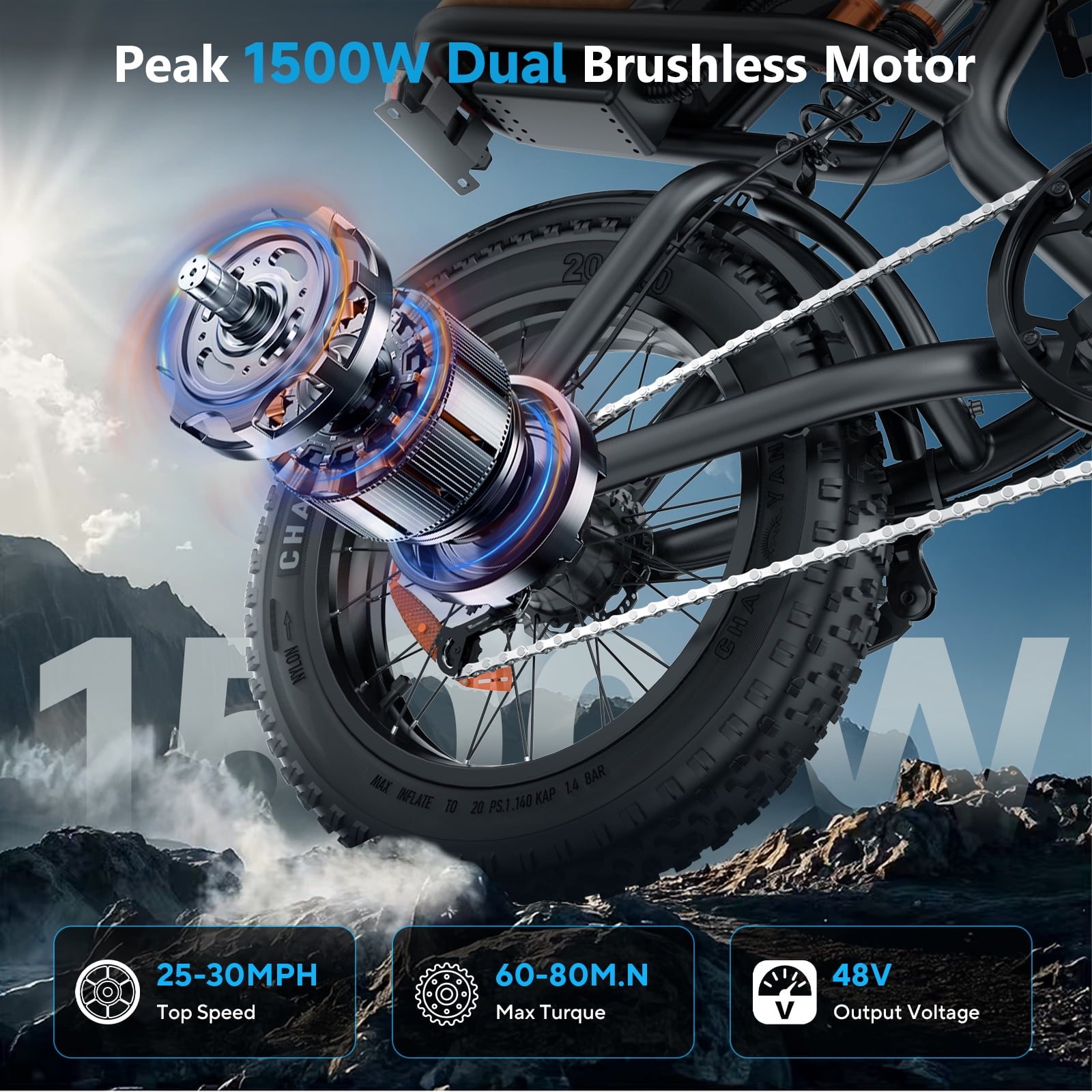 20"×4.0 Fat Tire Electric Mountain Bike for Adults, 1500W Peak Dual Motor, 48V 15Ah Removable Battery, UL2849 Certified Off-Road E-Bike