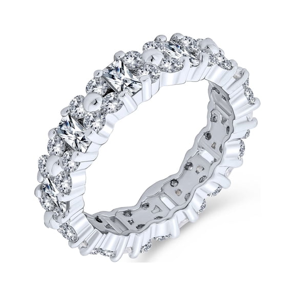 Bling Jewelry Womens Romantic CZ Alternating Baguette Flower Motif Eternity Band Ring Sterling Silver