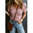 thumbnail image 6 of Women's Pink Floral Short Puff Sleeve V Neck Ruched Blouse, 6 of 7