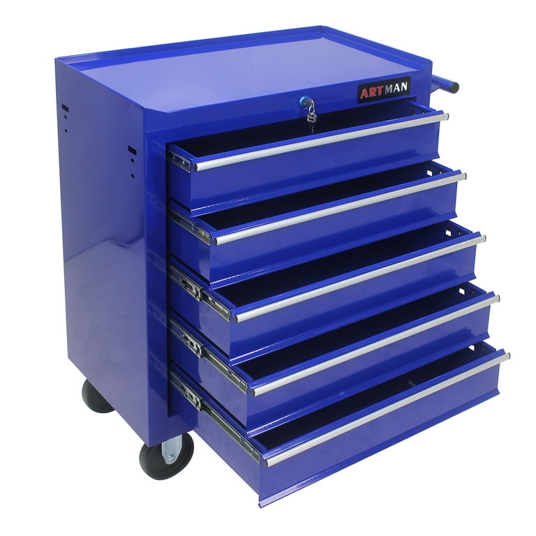 Seizeen New Rolling Tool Box 5-Drawers, Metal Tool Chest Garage Storage Cabinet, 30''H Large Tool Organizer On Wheels Lockable, Blue, Size: 20, Black