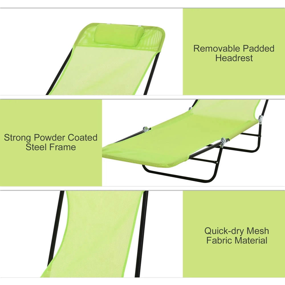 Topcobe Compact Beach Lounger, Reclining Patio Chair, Mesh Sunbathing Seat with Headrest, Outdoor Relaxation for Yard, Poolside, Green