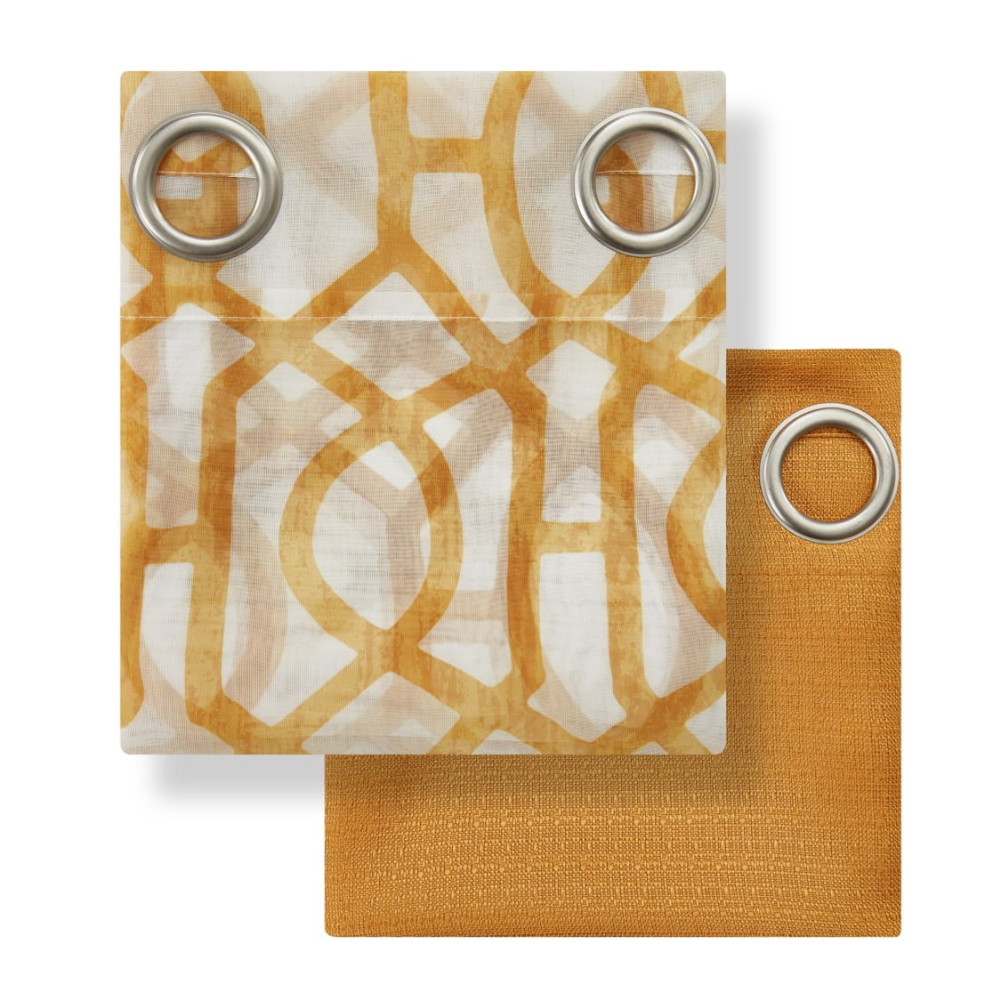 Mainstays Kingswood Solid and Printed Sheer Grommet Curtain Panel Set, 4 Piece, Brown Butter, 27.5" W x 84" L