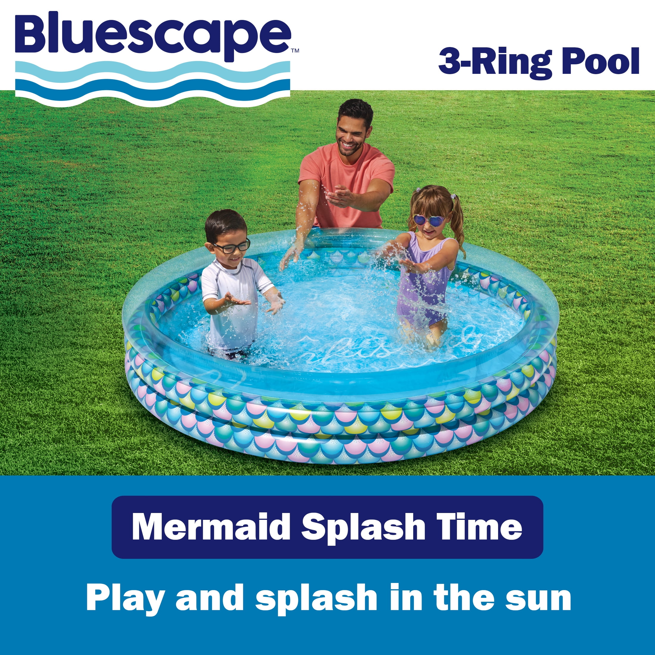 Bluescape Colorful Mermaid Print 3-Ring Inflatable Swimming Pool for Kids, Round, Age 2 & up, Unisex