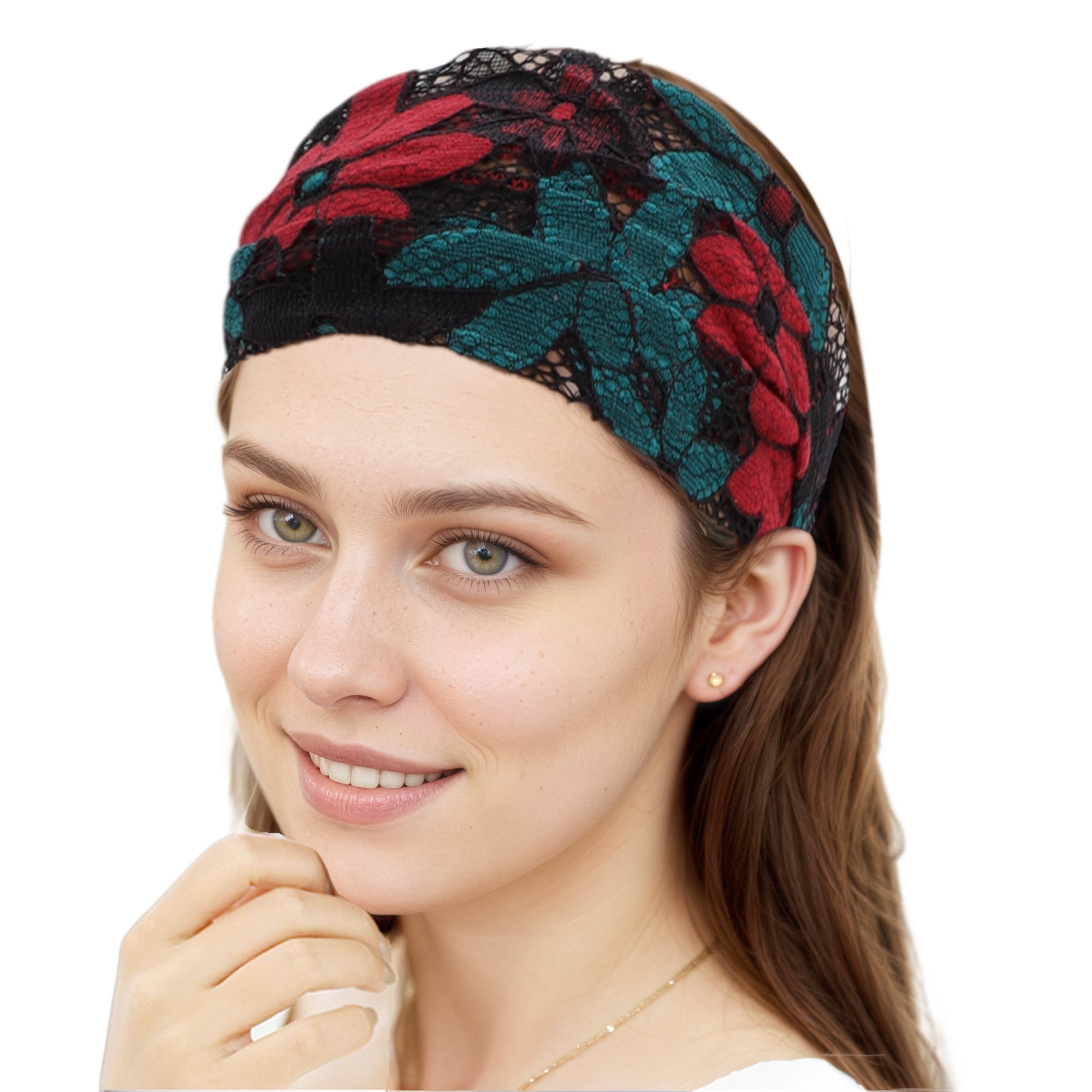Unique Bargains Eight-leaf Flower Lace Wide Headband 1 Pc Green Red