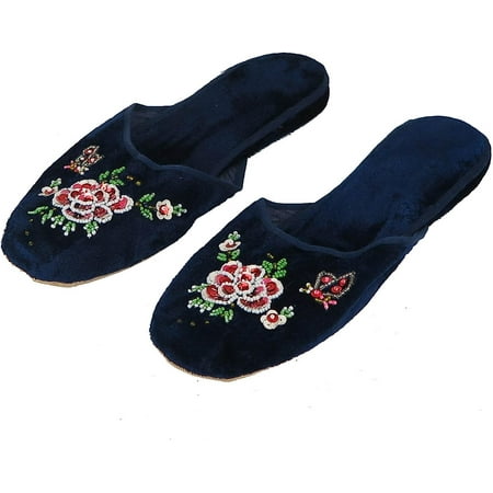 

Embroidered Floral Beaded Sequin Chinese Classic Women s Velvet Slippers In Blue Red Black Colors New