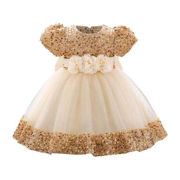 RUTAYY Children Girls Dress Long Sleeve Round Neck Sparkling Bowknot Floral Party Gown Comfortable Breathable Fashion Beach Dresses