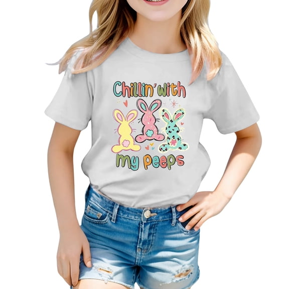 MUXiin Easter Shirts Toddler Girls Rabbit Tops Egg Short Sleeve T-Shirt Cotton Happy Easter Pullover Tops Tee for Toddler & Kids Easter Gifts for Girls(White,120)