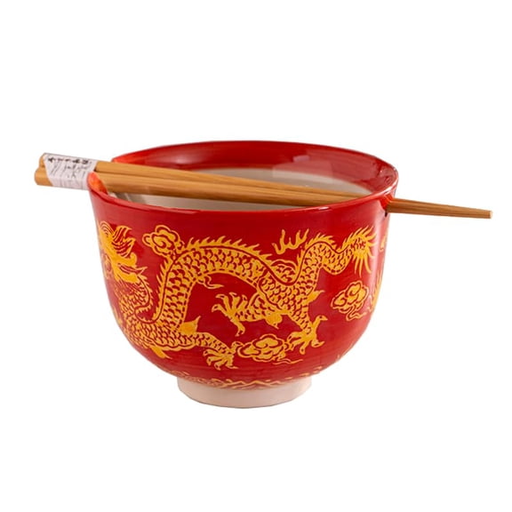 Urban Tokyo Handpainted Ceramic Glazed Japanese Ramen Udon Noodle Rice Bowl With Chopsticks 20 fl oz 5 inch Diameter Bowl Sets Color Box Packaging (Oriental Dragon Red)