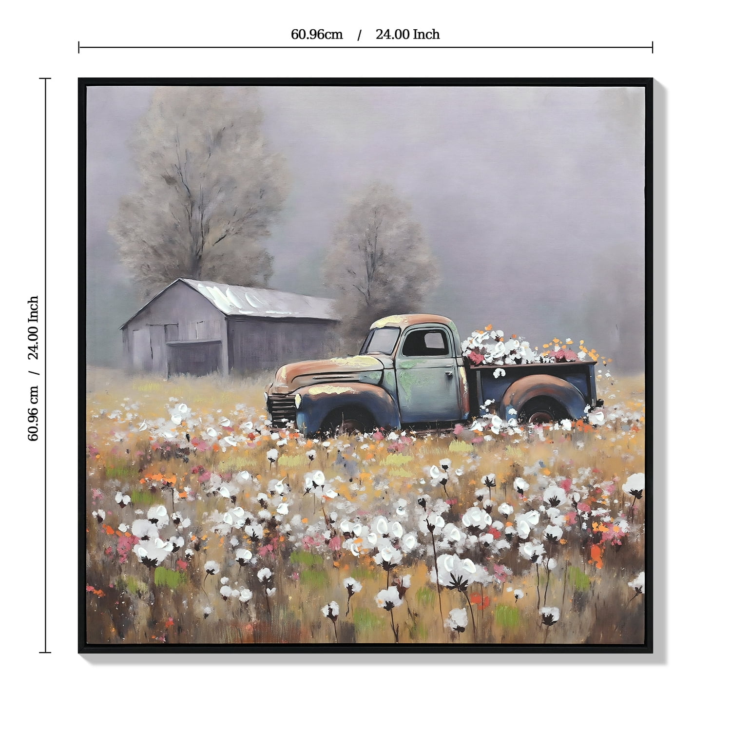 MOONMISS 24x24 Farmhouse Vintage Truck Canvas Wall Art Blue Red Floral Country Rustic Living Room Decor