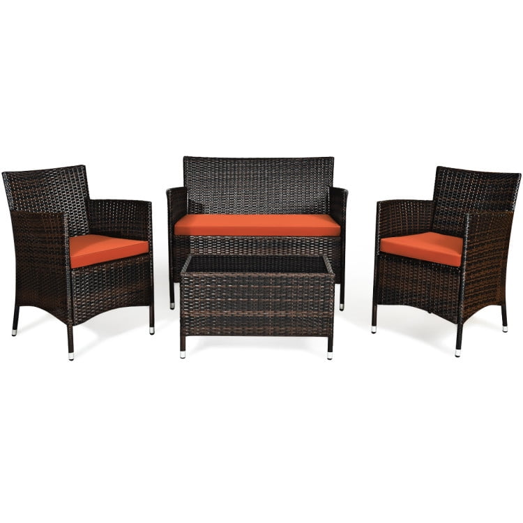 Aimee Lii 4 Pieces Patio Cushioned Wicker Conversation Set, Outdoor Sectional Set with with Glass Coffee Table, Orange Aimee Lii 4 Pieces Patio Cushioned Wicker Conversation Set, Outdoor Sectional Set with with Glass Coffee Table, Orange