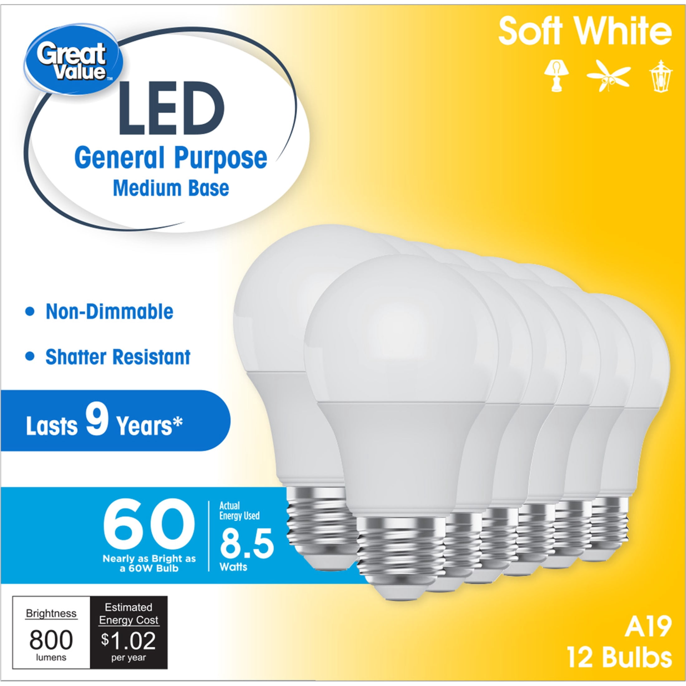Great Value LED Light Bulb, Soft White, 60 Watt Eqv, A19 General Purpose, E26 Medium Base, 9yr, 12 Pack