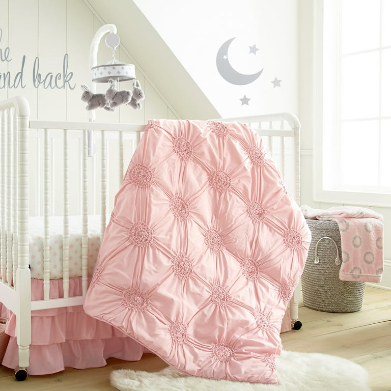 Levtex Baby Willow Plush Blanket Grey and White Medallions on Pink Plush Pink White and Grey Nursery Accessories Blanket Size 30 x 40 in