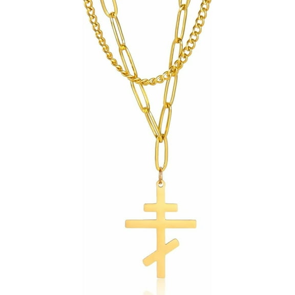 Women Dainy Double Layered Stainless Steel Necklace, Orthodox Cross Pendant Necklace Classic Cross Russian Orthodox Amulet Jewelry Religious Necklace