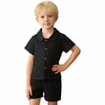 thumbnail image 2 of Gyexs Boys 2 Piece Summer Outfits Beach Vacation Sets Textured Linen Short Sleeve Button Down Shirts and Shorts Clothing Set Black, 3-4 Years, 2 of 5