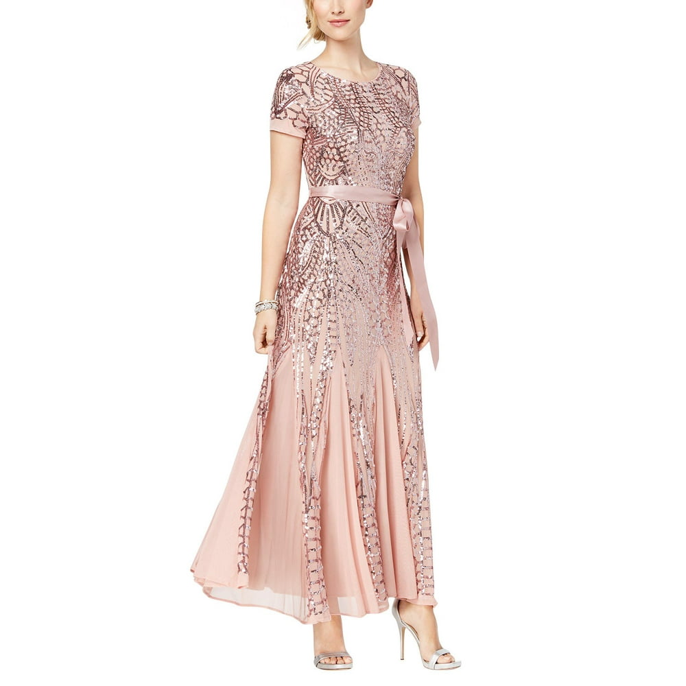 r & m richards short sleeve sequin evening gown