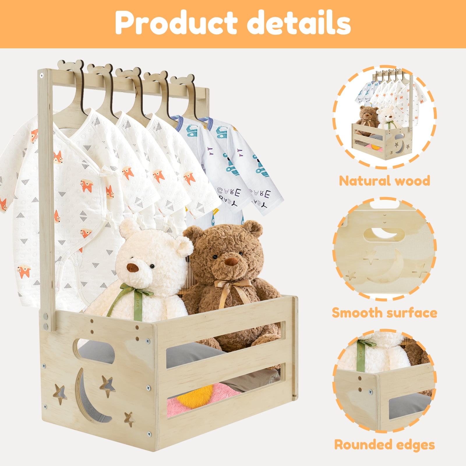 Xiyztok Baby Shower Crate Closet Smooth Wood Baby Shower Basket with Handle Storage Crate with 5 Hangers for New Born Baby Shower,21.45*13.39in